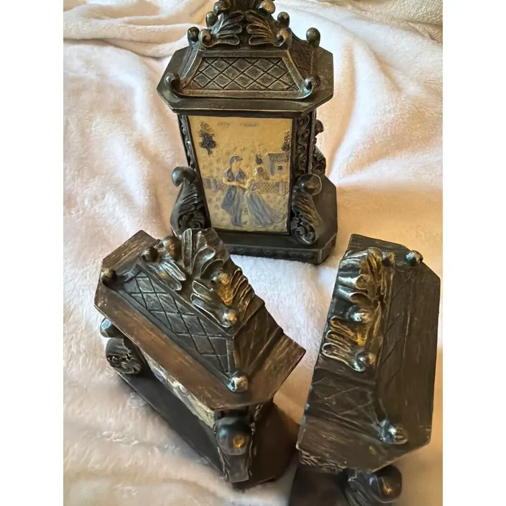 Ornate Victorian Style Desk Set 3pc Decor Courting Couple Relief Bookends Box